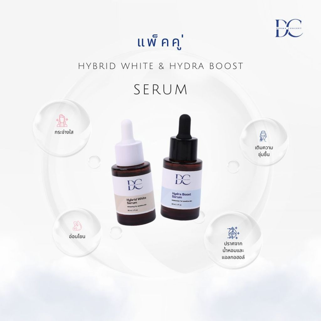 [แพ็คคู่] Derma Concept Serum (Hybrid White + Hydra Boost) | ลดรอยสิว + บำรุงผิวหน้า