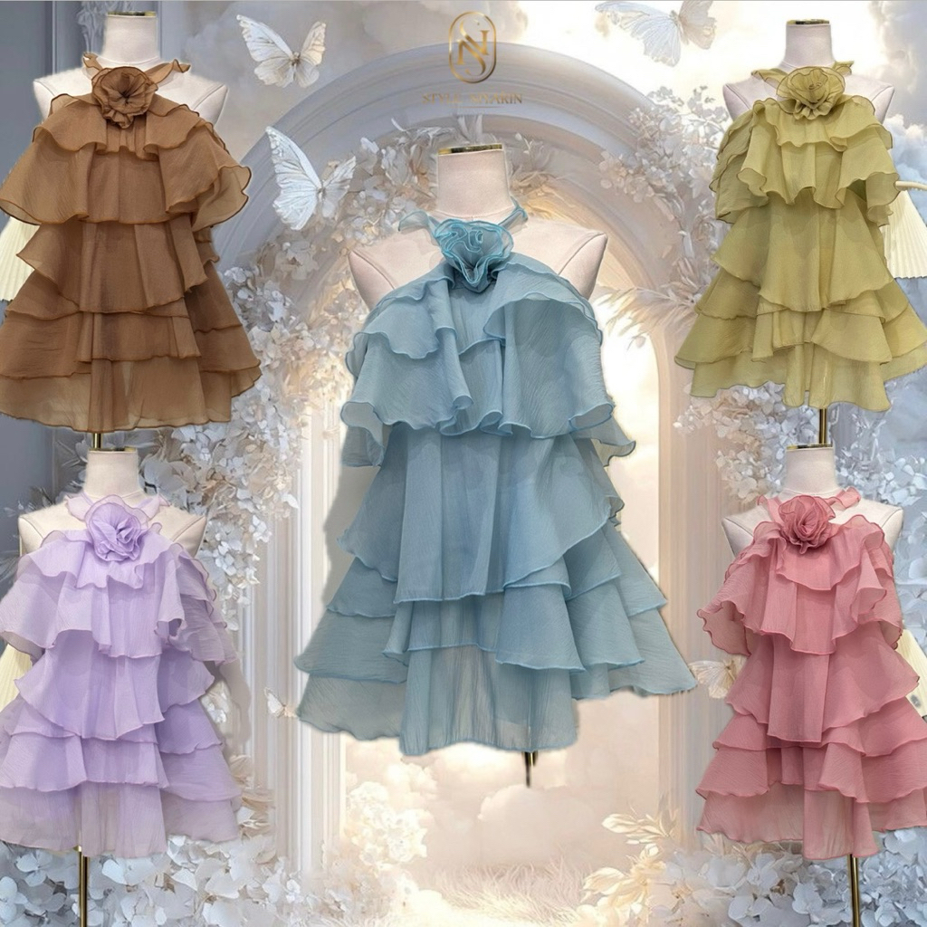 zani dress ชุดเดรสสั้น ทรงขนมชั้น แต่งกุหลาบตรงกลาง งานผ้าออแกนดี้ น่ารักหวานมาก **ชุดค่อนข้างสั้นแน