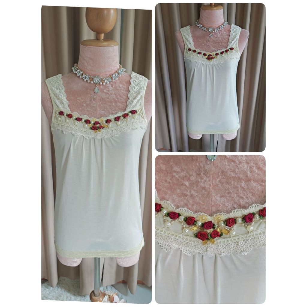 เสื้อกล้าม แบรนด์ Axes femme มือ 1 ของใหม่ สีครีมประดับคริสตัสและดอกไม้สวยมากๆ 💕แบรนด์ญี่ปุ่น 🇯🇵แท้