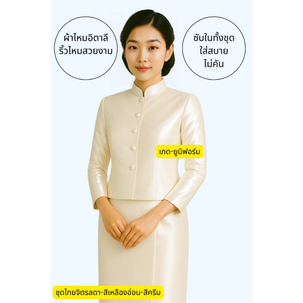 ชุดไทยจิตรลดา (ทั้งชุด) สีเหลืองอ่อน สีครีม มีทุกไซส์