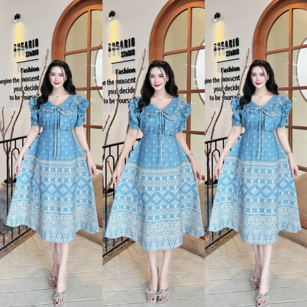 เดรสยาวผ้าครัช ลายไทย คอปกระบายแต่งเสื้อคลุม แขนแต่งย่น ผูกโบวือก วิปหลัง พร้อมสายผูกเอว ใส่ทำบุญ งานบุญ  A6782