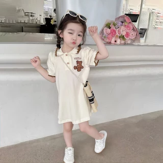 1-9 ปี ชุดกระโปรงเด็กผู้หญิง ชุดเดรสโปโล ลายหมี แฟชั่นฤดูร้อน สไตล์เกาหลี สําหรับเด็กผู้หญิง