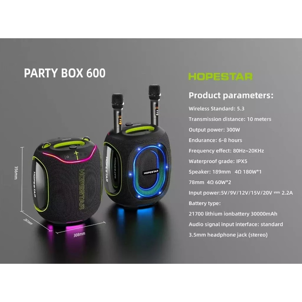 HOPESTAR ลำโพงบลูทูธ 300วัตต์ รุ่น Partybox 600 ไมค์ลอย 2ตัว กันน้ำ IPX5 ของแท้ประกันศูนย์ไทย 1ปี