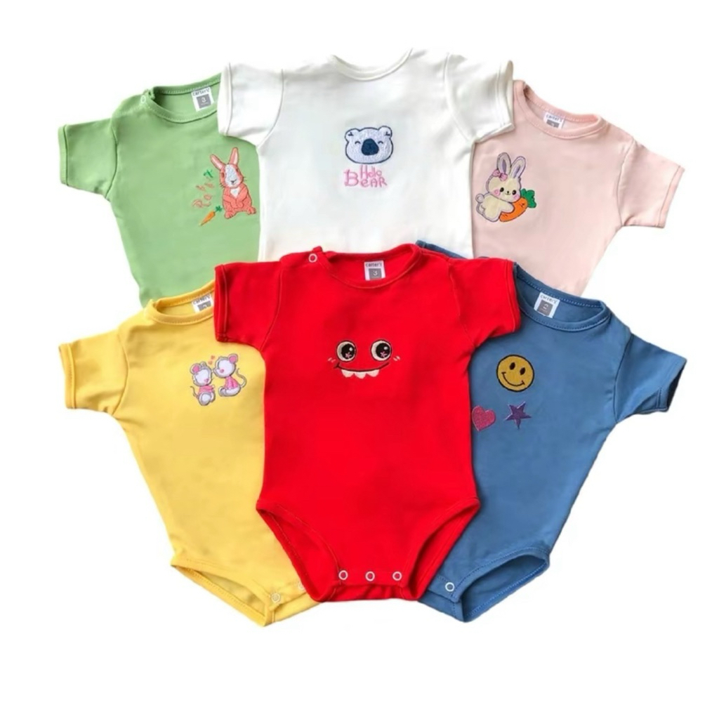*แพ็ค3ตัว* บอดี้สูทขาเว้าสีพื้นลายปัก ไซส์0-3เดือน ผ้าคอตตอนนุ่ม