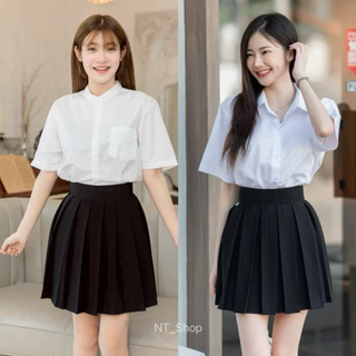 ️กระโปรงพลีทเอวมีขอบ\กระนักศึกษาพลีท(จีบใหญ/จีบทวิส)”ยาว16-18-20”[ผ้านาโน]สีดำ