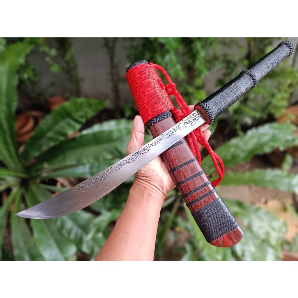อีดาบ มีดดาบ ดาบศอก Thai sword ดาบไทย มีดเดินป่า ใบ 13.7” เหล็ก ตลป. CAT ตีร้อน ด้าม-ฝักไม้พยูง เชือ