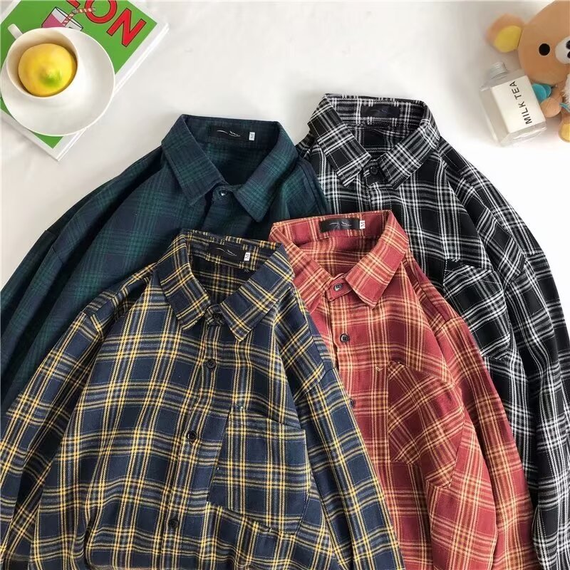 เสื้อเชิ้ตสำหรับผู้หญิง สไตล์เกาหลี พร้อมเสื้อโค้ทลายสก็อตแขนยาวแบบหลวม