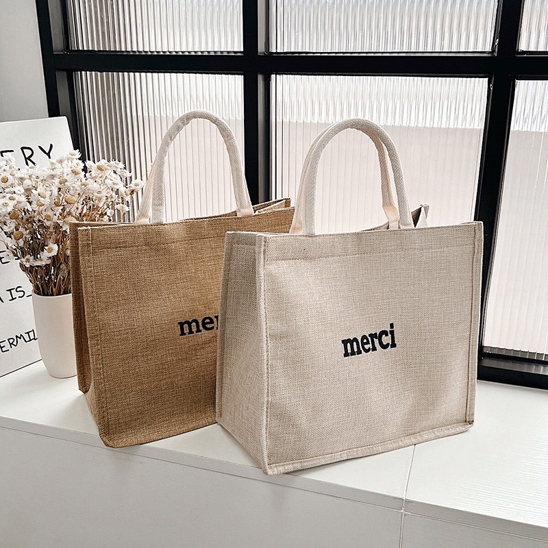 newyorkgallery(N1321) กระเป๋าผ้าลินิน  ช้อปปิ้ง merciใบใหญ่