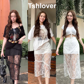 (ลูกค้าใหม่ 1 บาท) กระโปรงลูกไม้ซีทรู กระโปรงลูกไม้ลายดอก กระโปรงลูกไม้ยาว