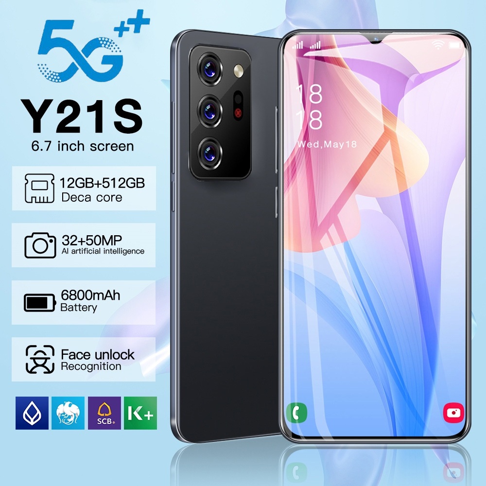 สมาร์ทโฟน Y21S 6.7 นิ้ว 12+512GB เต็มหน้าจอ ชาร์จเร็ว 6800 mAh 5G Android โทรศัพท์มือถือราคาถูก