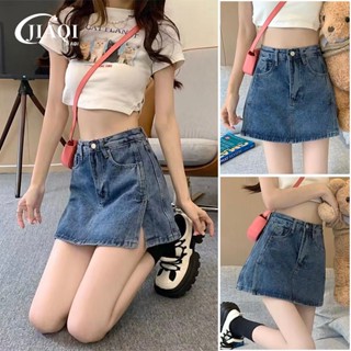 JIAQI 🌟ยีนส์🌟 กระโปรงยีนส์มิติการผ่าสาวฮอต กางเกงกระโปรงเอวส…