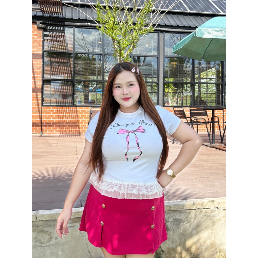 ย 307 ใหม่ เสื้อยืดคอกลมสาวอวบแต่งชายระบายลูกไม้ยืดน่ารัก สกรีนโบว์สวยๆ