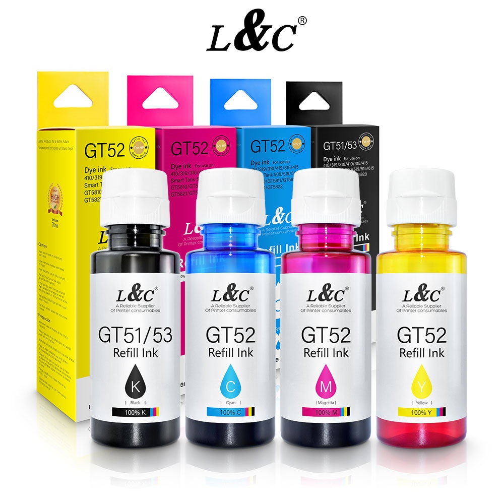 L&C หมึกเติม HP HGT51/GT52/GT53 หมึกคุณภาพสูง (มีกล่อง) For Hp HP315 HP415 HP500 HP515 หมึกเติมเฮชพี
