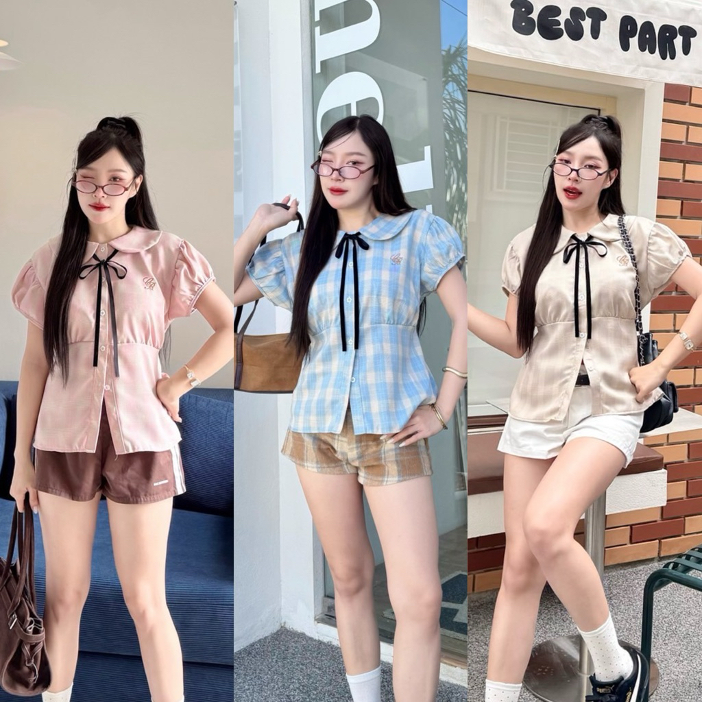 🌈เสื้อเชิ้ตคอปกผ้าคอตตอนลายสก็อต คอบัวแถมโบว์ผูกหน้า 🎀 - Cookies Bear