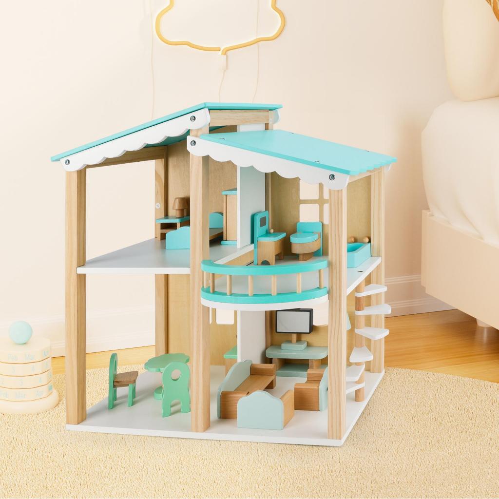 บ้านตุ๊กตาสีฟ้า 2 ชั้น พร้อมเฟอร์นิเจอร์ไม้ – ของเล่นเสริมทักษะเด็ก ขนาด 48 CM. สำหรับเด็กอายุ 3 ปีขึ้นไป