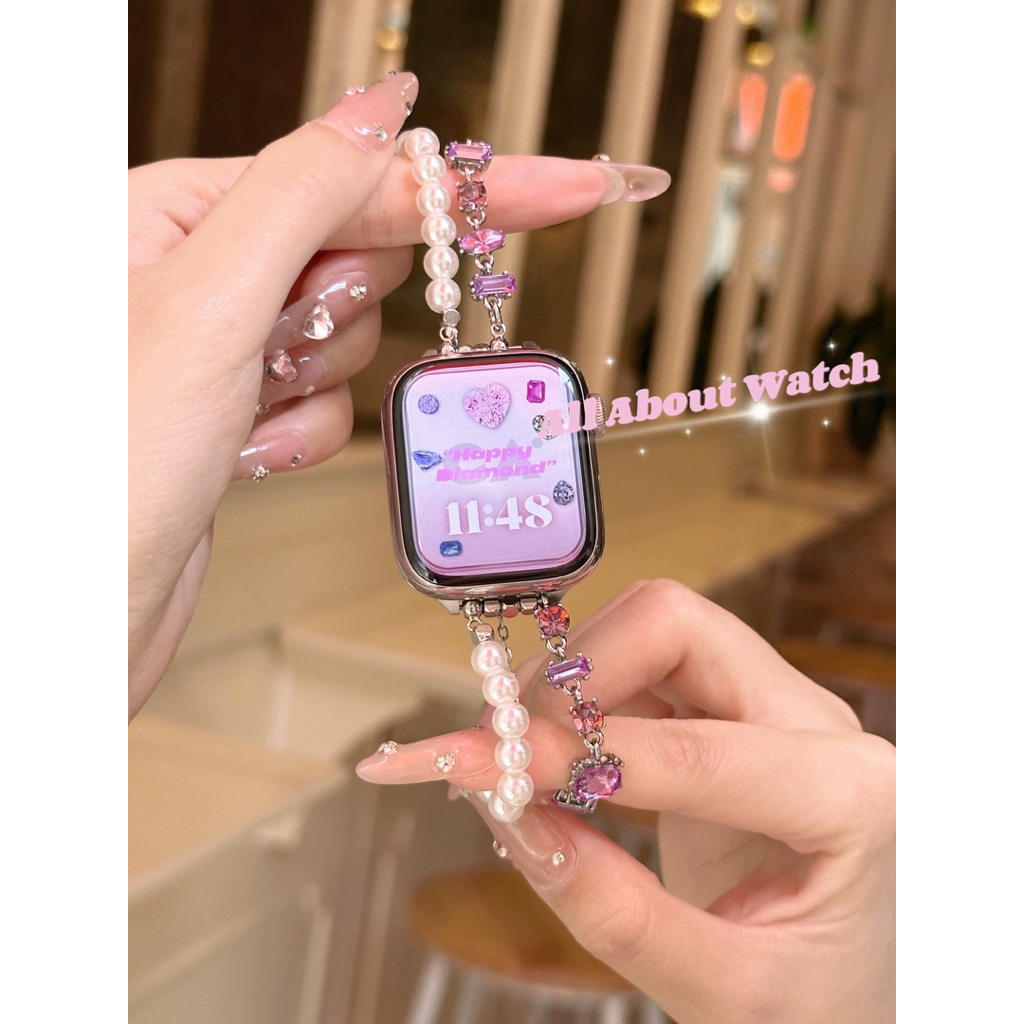 พร้อมส่ง สายสร้อยข้อมือไข่มุกประดับพลอยสีสดใส ใช้ได้กับ Smart Watch 10 9 8 7 6 5 4 3 2 1 Se Ultra H1