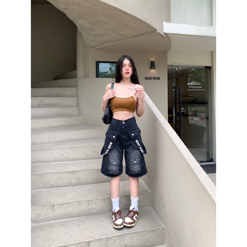 Bosdy Jeans รหัสBJ011 กางเกงยีนส์คาร์โก้ขาสั้นผ้าไม่ยืด ฟอกเฟดสีเทาดำ กระเป๋าโค้ง