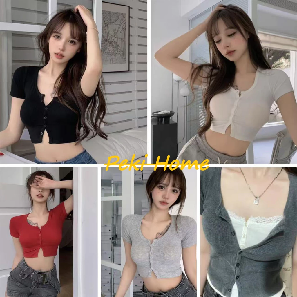 เสื้อครอปคอวี สีพื้น สไตล์เรียบๆ สวมใส่แล้วดูผอม