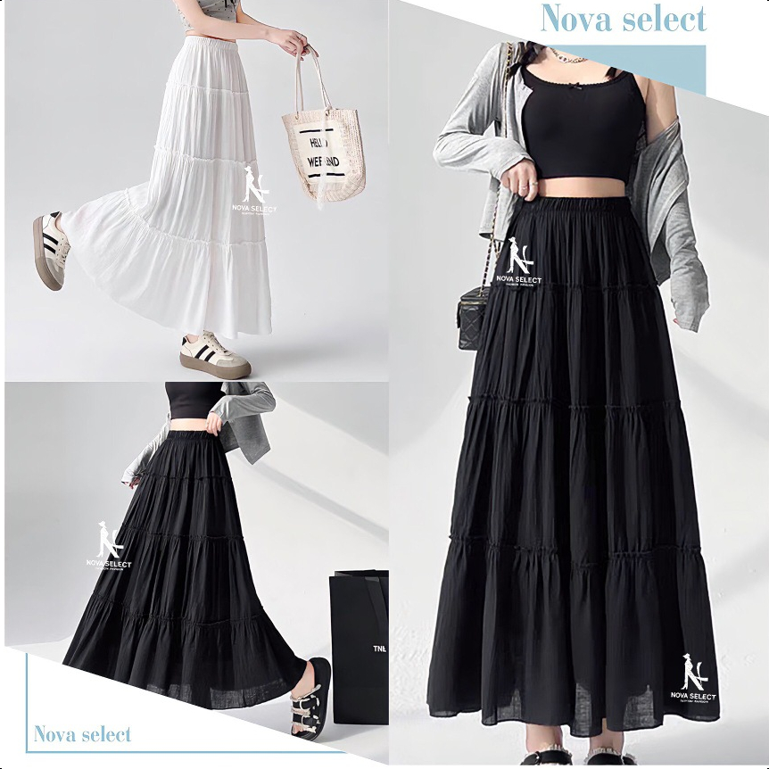 พร้อมส่ง กระโปรงยาว เอวสม็อค ทรงเลเยอร์ สไตล์เกาหลี เก๋ๆ ผ้าชีฟองบางๆ ใส่สบายมาก (มีซับใน) ทรงน่ารักมาก
