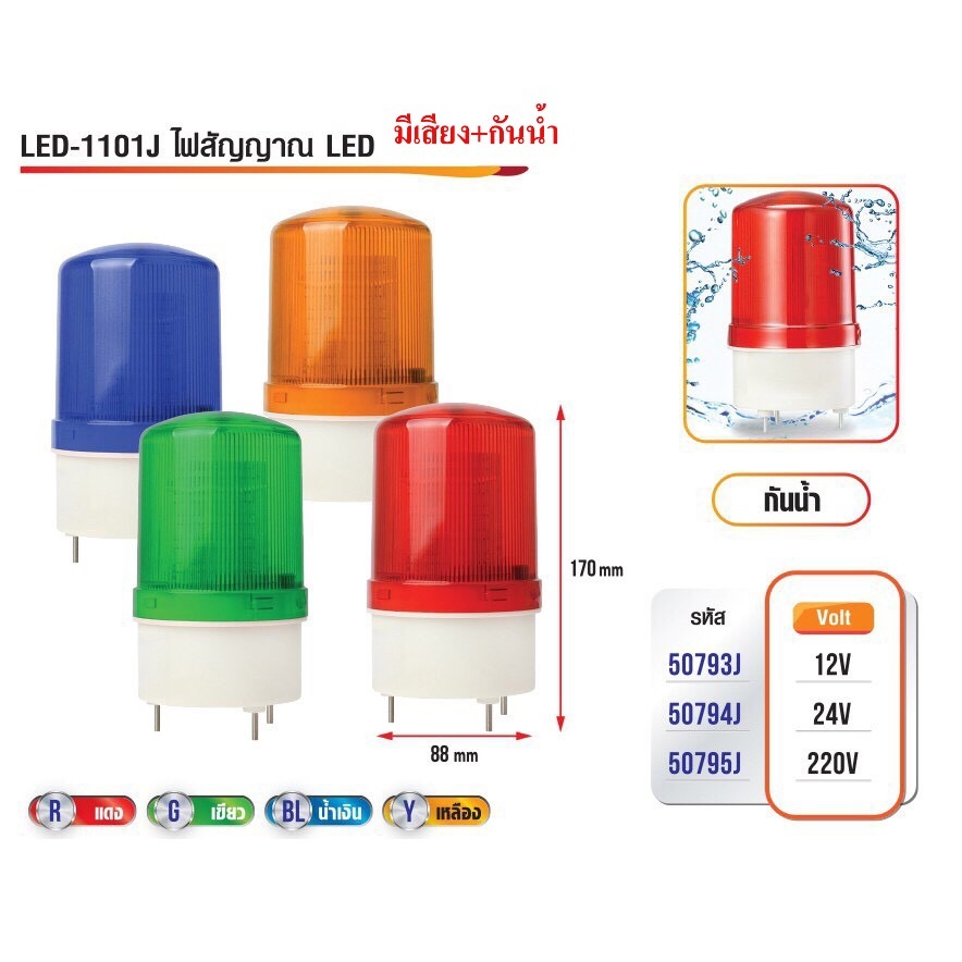 ไฟไซเรน LED กระพริบ มีเสียง กันน้ำ 12V-220V