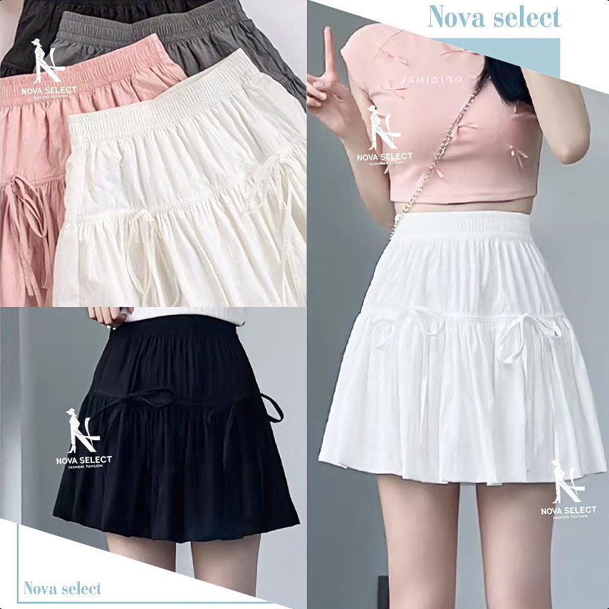 พร้อมส่ง กระโปรงสั้น เอวสูง ทรงพลีส ผ้าชีฟอง (มีซับในกางเกง) แต่งผูกโบว์ เก๋ๆ น่ารักๆ รุ่นเอวสม็อค ยืดได้เยอะมาก