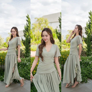 ชุดเดรส ชุดออกงาน ชุดราตรี FP064 เกรดพรีเมี่ยม ชุดชีฟอง แขนสั้นกระโปรงรูด