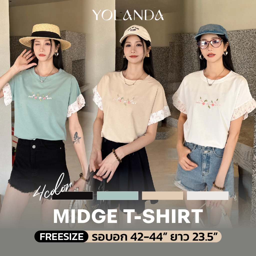 Yolanda เสื้อยืด คอกลม แขนสั้น ปักลายดอกไม้ แต่งแขนอัดจีบ เสื้อผ้าแฟนชั่น สไตล์เกาหลี ดีไซน์เรียบหรู แมทง่าย 3924