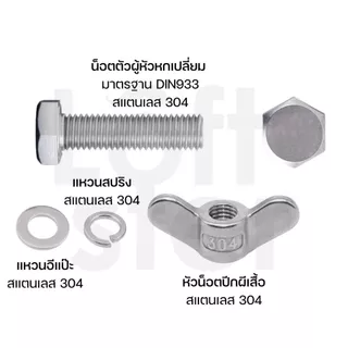 ชุดน็อตสกรูปีกผีเสื้อ สแตนเลส 304 พร้อมแหวน+แหวนสปริง M8 M10 M12 | แข็งแรง ทนสนิม ใช้งานภายนอก