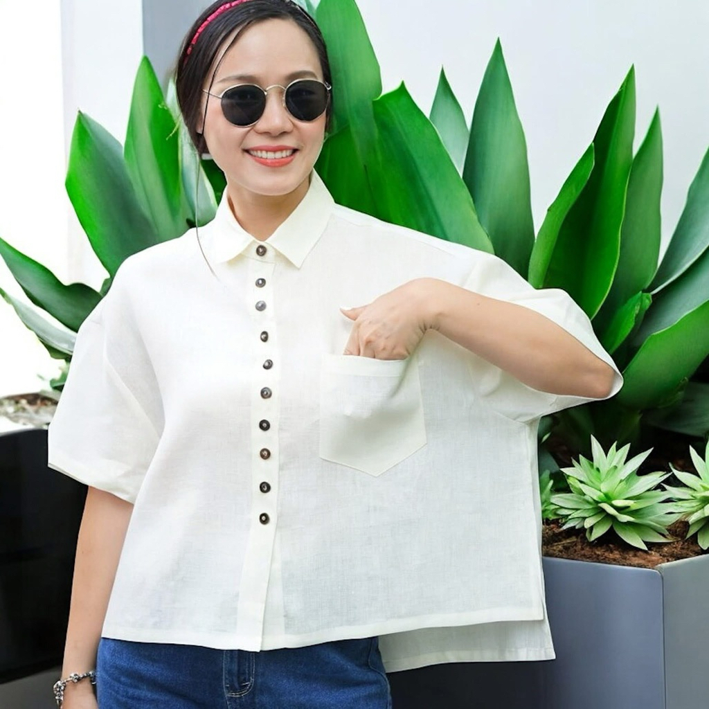 5th Jan เสื้อคอปก แขนสั้น กระดุมคู่ผ่าหน้า ผ้าลินินแท้ 100% สีพื้นและลายริ้ว แบบเรียบ-เก๋ “อก 48-50 