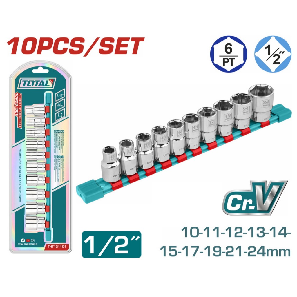 TOTAL ชุดลูกบ๊อก พร้อมรางเลื่อน 1/2"x6P 10 ชิ้น รุ่น THT121101