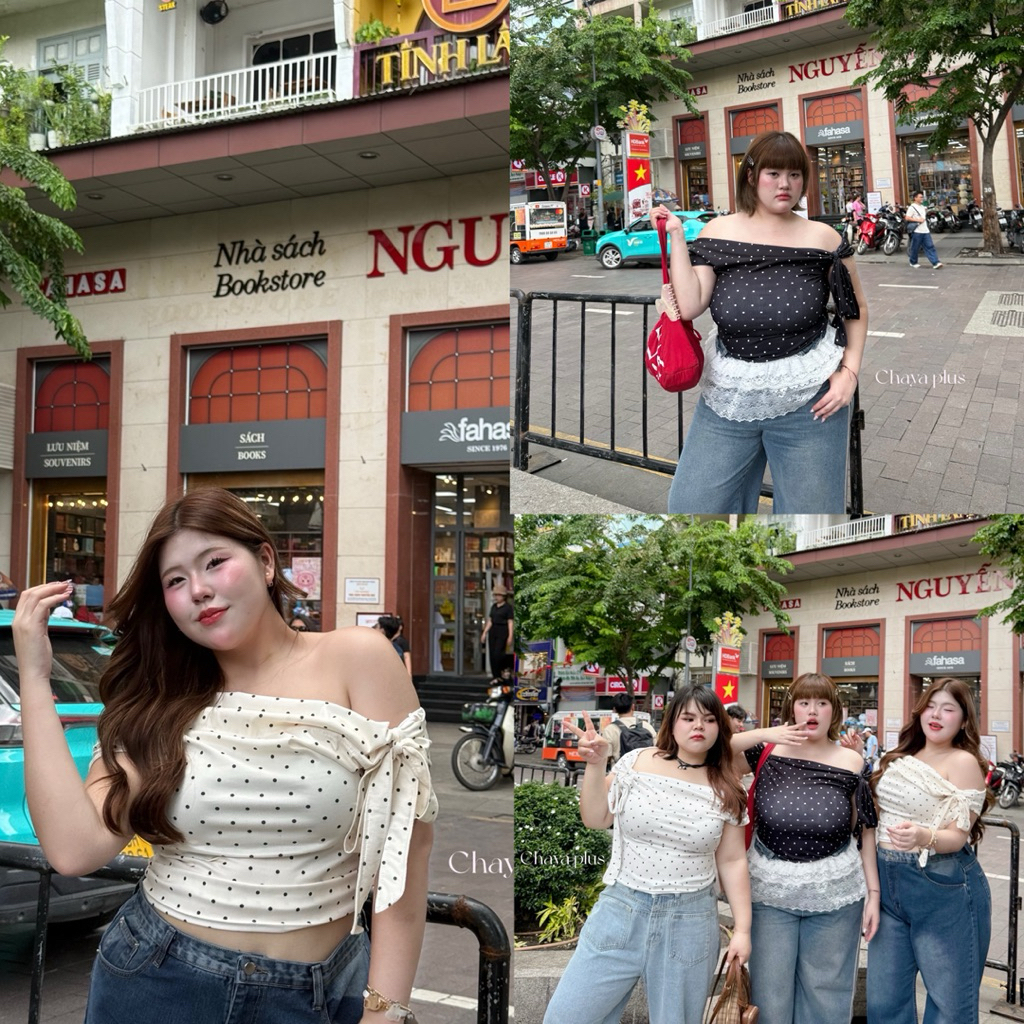 (LD) เสื้อปาดไหล่ มีโบว์ผูกแขน ผ้าร่องลายจุด Polkadot สุดน่ารัก พรางหุ่น เปิดไหล่สวยๆ เสื้อผ้าสาวอวบอ้วน ไซส์ใหญ่