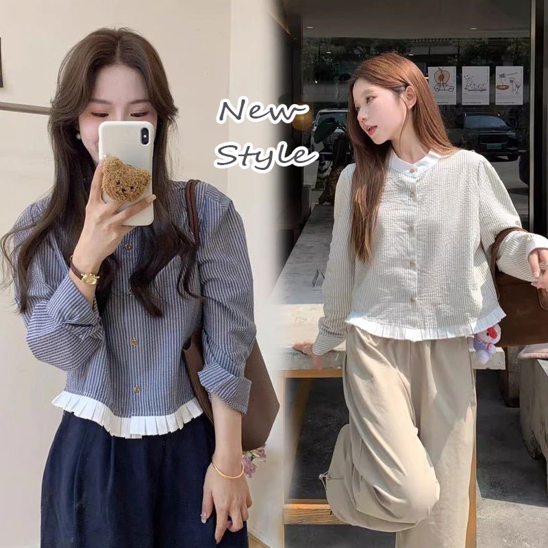 Dahong 💖เสื้อเชิ้ตผู้หญิงแขนยาวแฟชั่น แขนยาว ลายริ้ว เสื้อครอปไซส์S-XL สไตล์เกาหลี W594