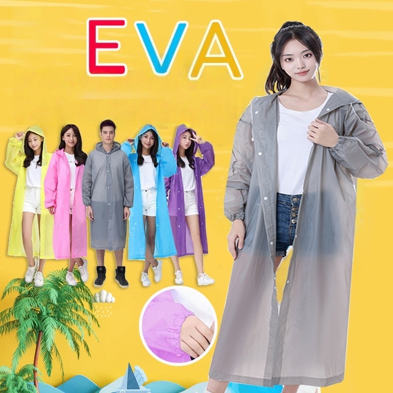 เสื้อกันฝน EVA ชุดกันฝนผู้ใหญ่ เสื้อกันฝน แบบยูนิเซ็กซ์ กันน้ำและทนทาน มีฮู้ด + แขนยางยืด น้ำหนักเบา พกพาสะดวก