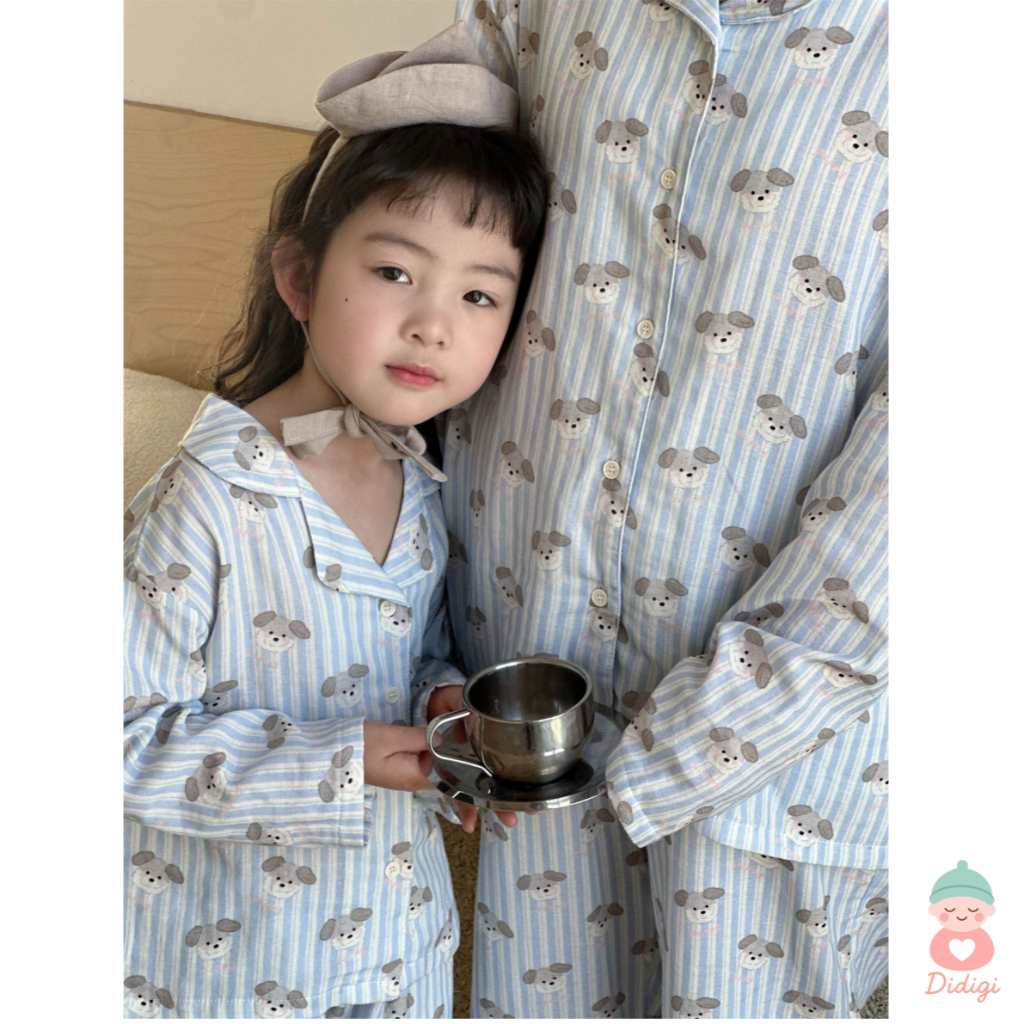 ชุดนอนเด็กผ้าฝ้าย (แบบกอซ) ชุดครอบครัว ชุดคู่แม่ลูก แขนยาว ขายาว กระดุมหน้า ลายหมา