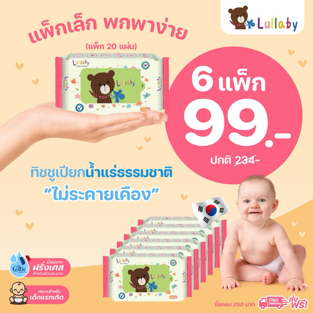 lullaby baby wipes ทิชชู่เปียกลัลลาบายสูตรน้ำแร่จากฝรั่งเศส ขนาด 20 แผ่น สำหรับเด็กแรกเกิด 6 ห่อ
