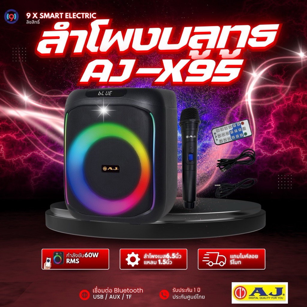 ลำโพงบลูทูธ Party Box 60Wรุ่น AJ-X65,X95 เชื่อมต่อเป็นคู่แบบTWSได้ แถมไมโครโฟน 1 ตัว และรีโมทครบชุด