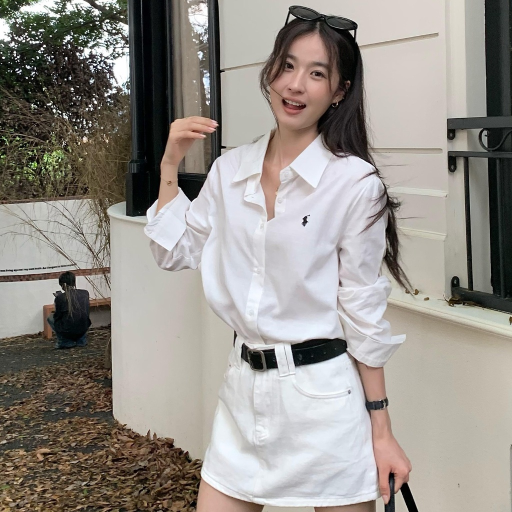 เสื้อเชิ้ตปักฝรั่งเศส เสื้อเชิ้ตผู้หญิงแขนยาว สไตล์เกาหลี ทรงหลวม