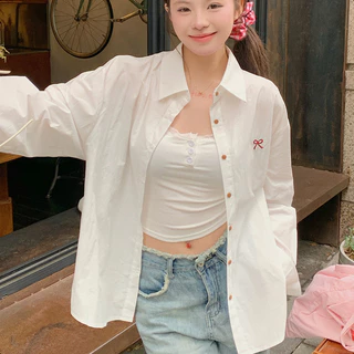 5 สี เสื้อเชิ้ตแขนยาว เสื้อยืดผู้หญิง สีพื้น ปักลายโบว์