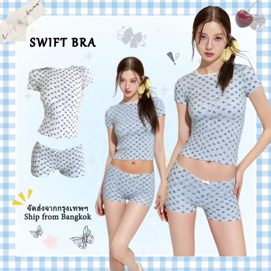 🌸Swift Bra🌸ชุดว่ายน้ำผู้หญิง ชุดเสื้อยืดลายดอกไม้ + กางเกงขาสั้น 2 ชิ้น แฟชั่น ด้วยฟองน้ำ ใหม่summer