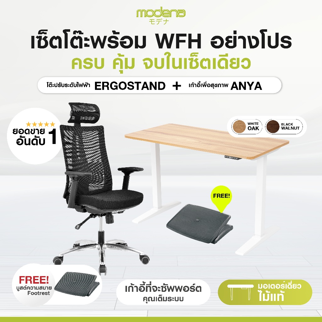 [ErgoSet] เก้าอี้เพื่อสุขภาพ Anya +โต๊ะปรับระดับไฟฟ้า ErgoStand+ที่พักเท้า Premium