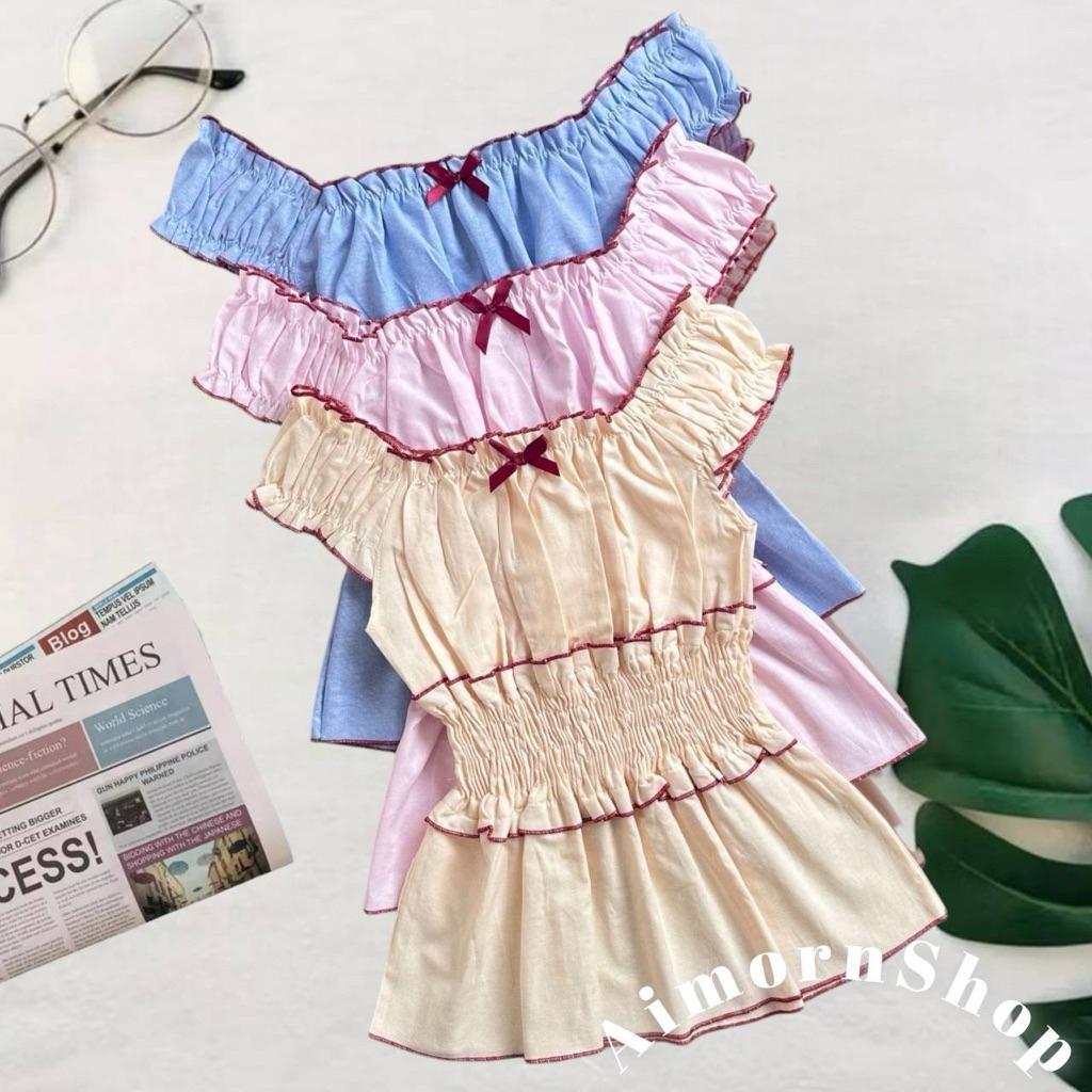 🔥aimorn_shop🔥เสื้อสม็อคช่วงเอว แขนตุ๊กตา ใส่ปาดไหล่ได้ ลายริ้วชิคๆ สีหวานละมุนมาก