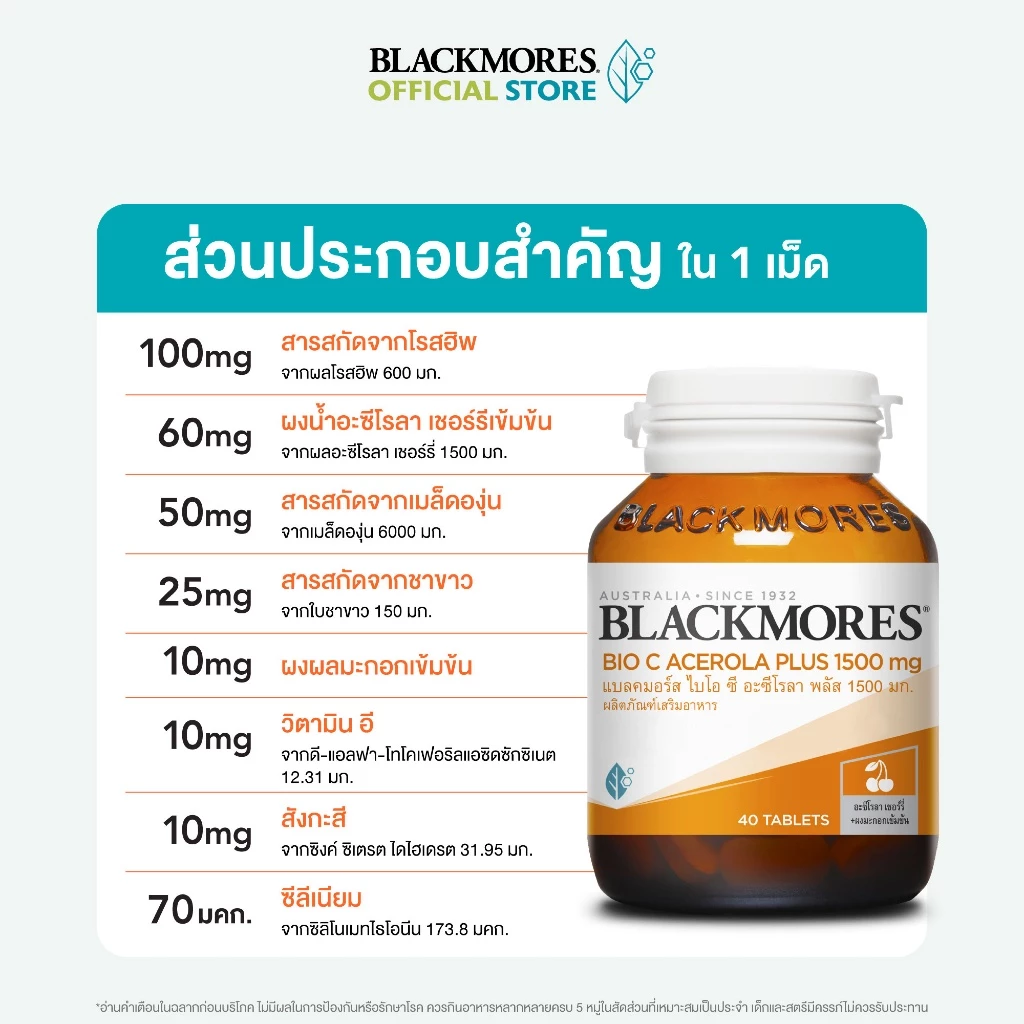 Blackmores Bio C Acerola Plus 1500mg (40 tabs) แบลคมอร์ส ไบโอ ซี อะซีโรลา พลัส 1500 มก. (40 เม็ด) thumbnail 6