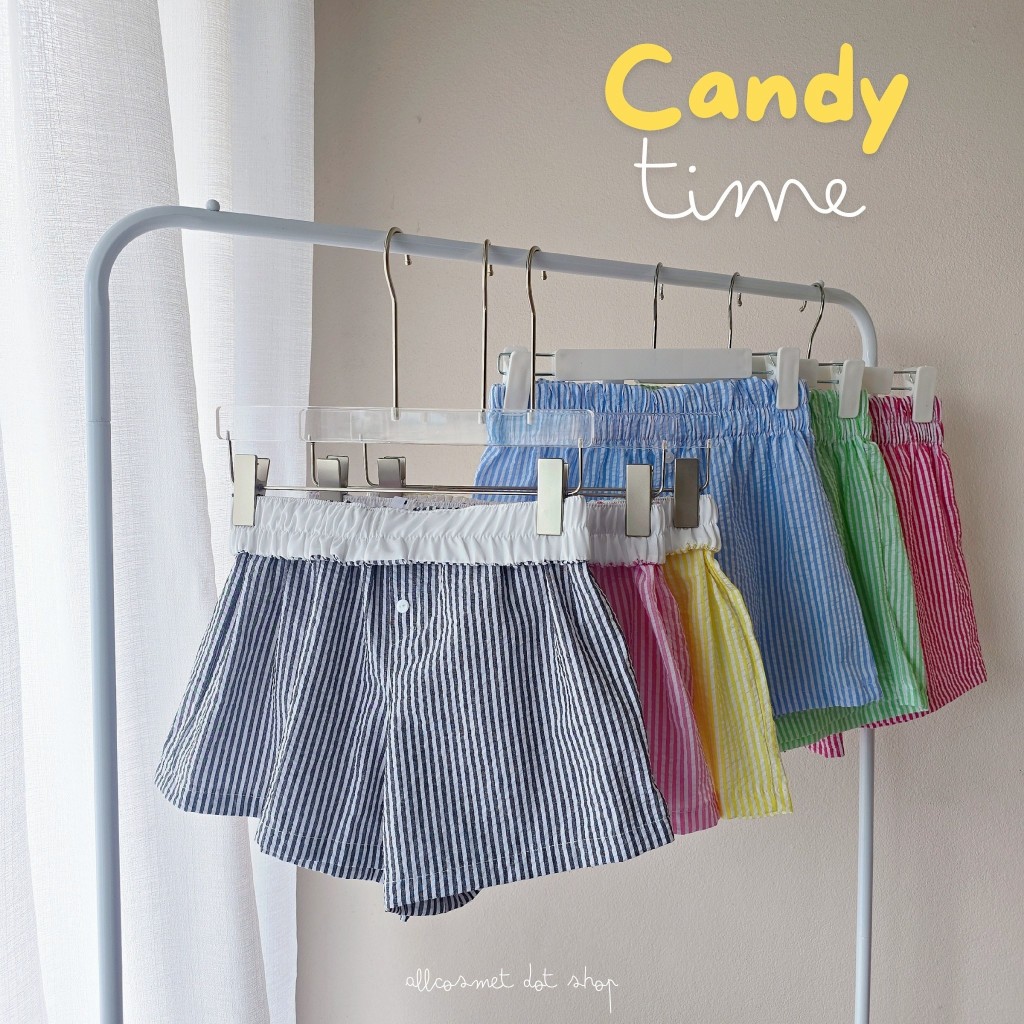 ​(S-XL) กางเกงขาสั้นผู้หญิง CANDY Short กางเกงลายริ้ว พับขอบขาวได้ สไตล์เกาหลี สีน่ารัก ใส่สบาย ใส่นอน/ใส่เที่ยว