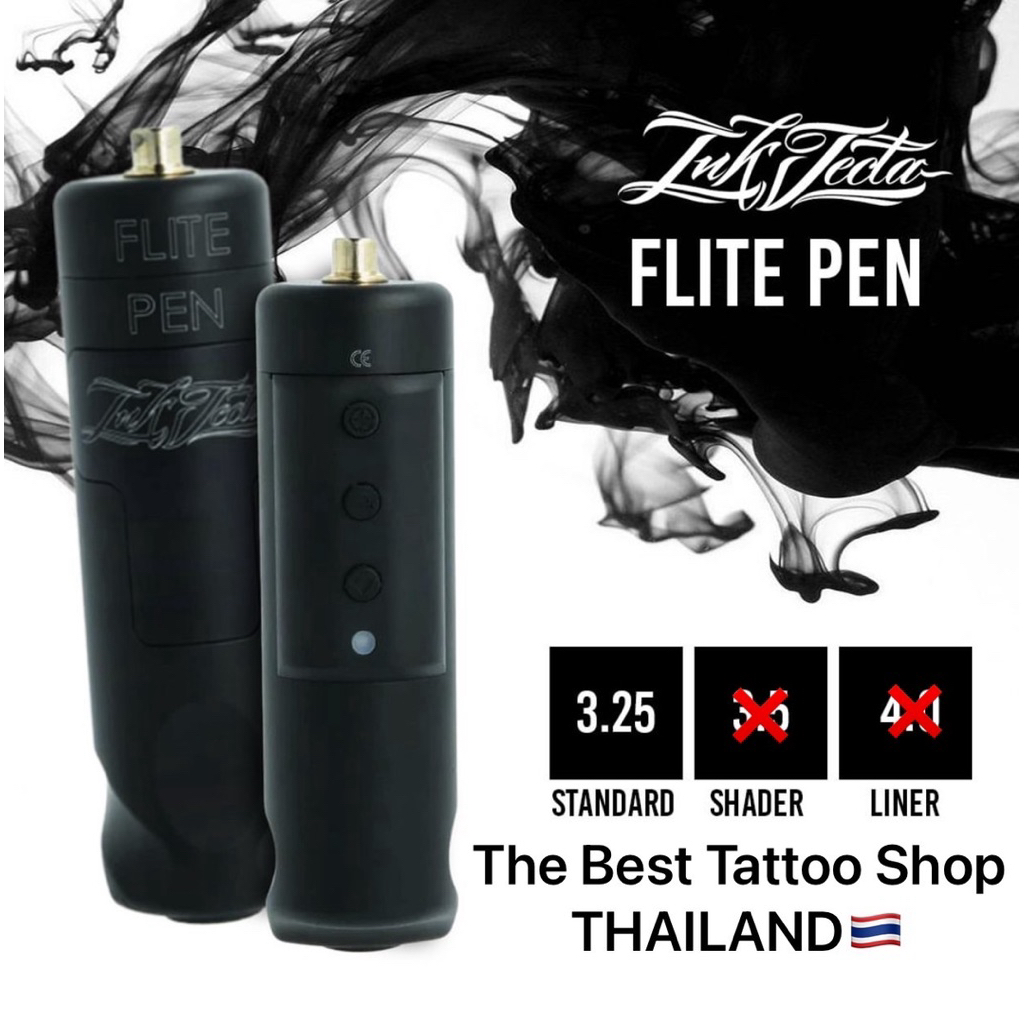 เครื่องสักปากกา-Inkjecta-Flite-Pen-สโตรค3.25มีก้านให้ครบทุกเบอร์พร้อมสายRCAมีปุ่มกดปรับสั้น-ยาวเข็มไ