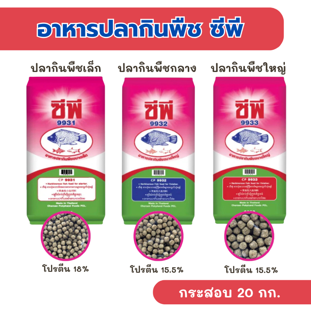 [ยกกระสอบ] CP ซีพี อาหารปลากินพืช (9931, 9932, 9933) - ขนาดกระสอบละ 20 กก.