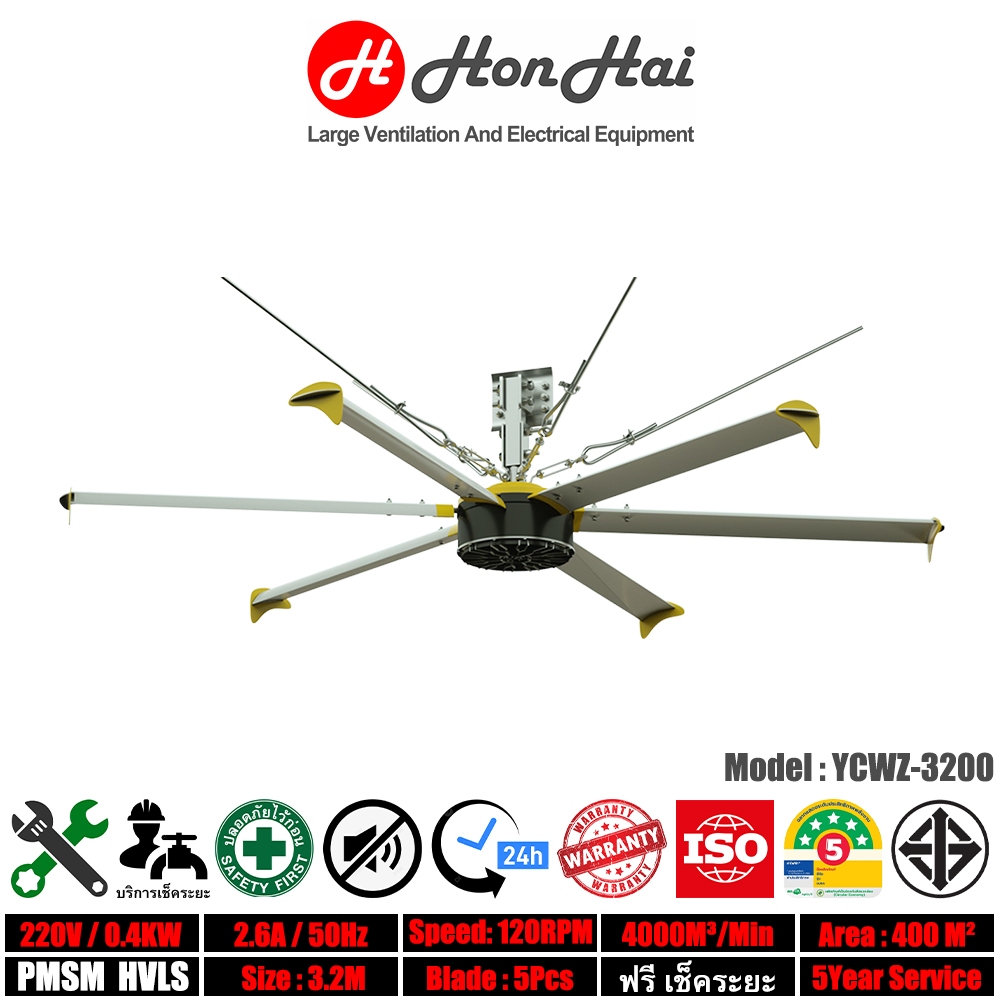 HonHai HVLS FAN พัดลมอุตสาหกรรม PMSM มอเตอร์แม่เหล็กถาวร พัดลมโรงงาน พัดลมยักษ์ ขนาด 3.2เมตร ติดตั้ง