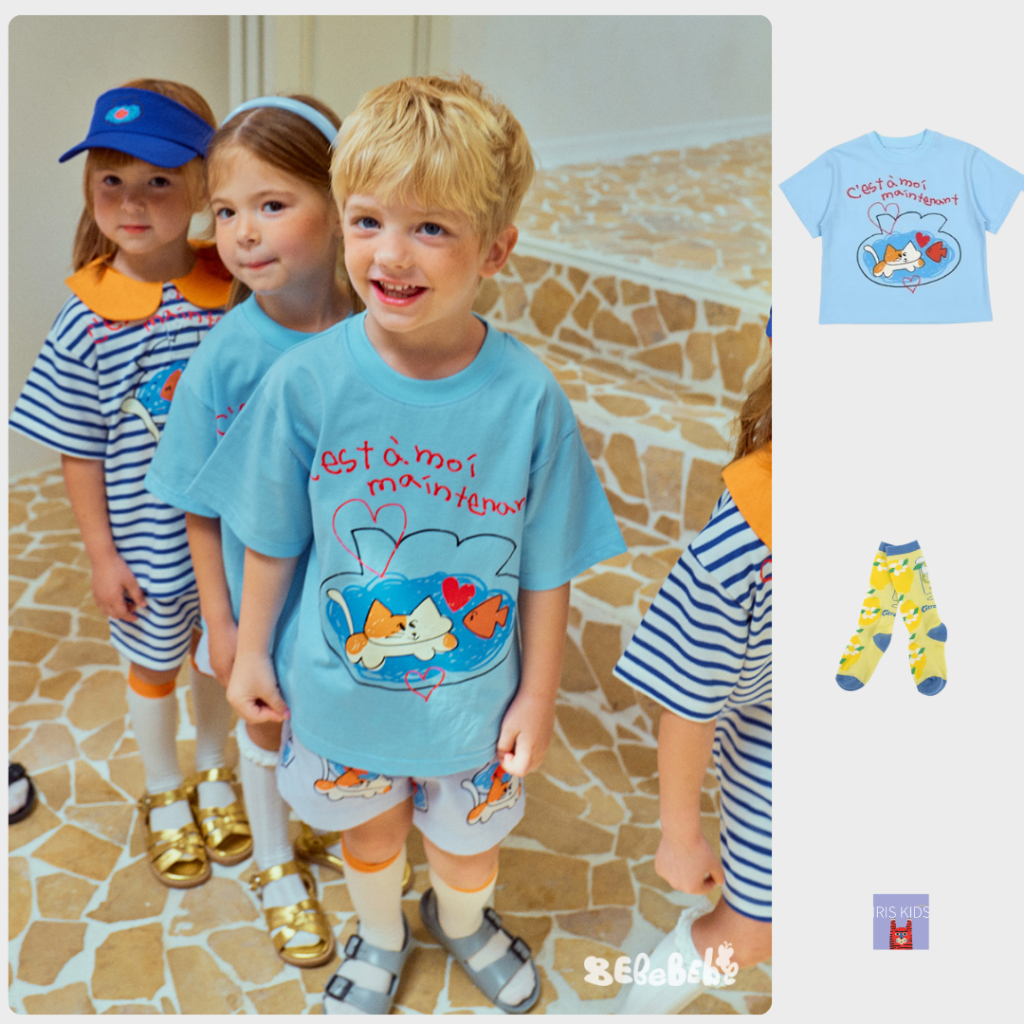 【พร้อมส่ง】ผ้า Sorona นุ่ม เบา เย็น RIS KIDS 25 bebe summer IKS2390 Fish and Meow Set ชุดเสื้อยืดกางเกงขาสั้นเด็ก
