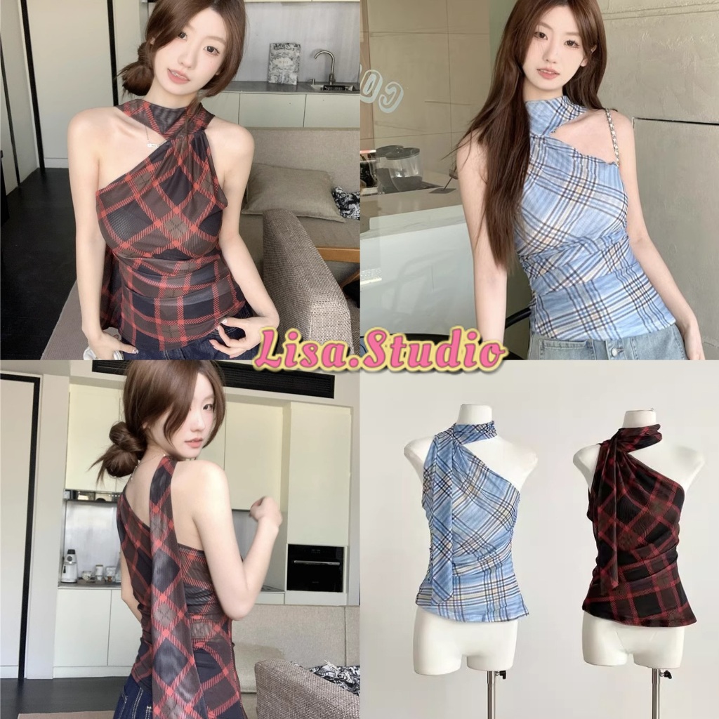 Lisa พร้อมส่ง💙🤎เสื้อครอปแขนกุด เสื้อซีทรูลายสก๊อคคอสูงดีเทลพันรอบคอ ทรงรัดรูป เซ็กซี่แฟชั่น ลำลอง ผู้หญิง ชุดไปเที่ยว