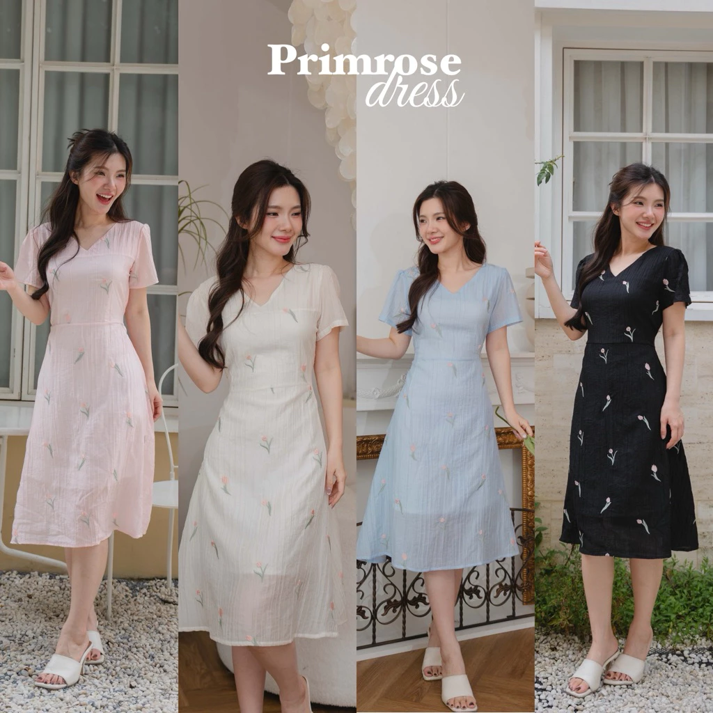 Primrose เดรสสีพื้นปักลายดอกไม้