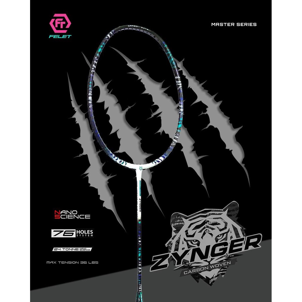 ไม้แบดมินตัน CARBON WOVEN ZYNGER แถม เอ็นทุกรุ่นของแบนด์felet กริป ซองตรงรุ่น